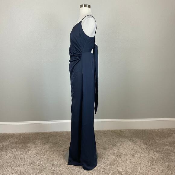 AQUA Satin Cut Out Back Evening Gown Blue Size 6 Sleeveless Thigh Slit Formal - Picture 6 of 12